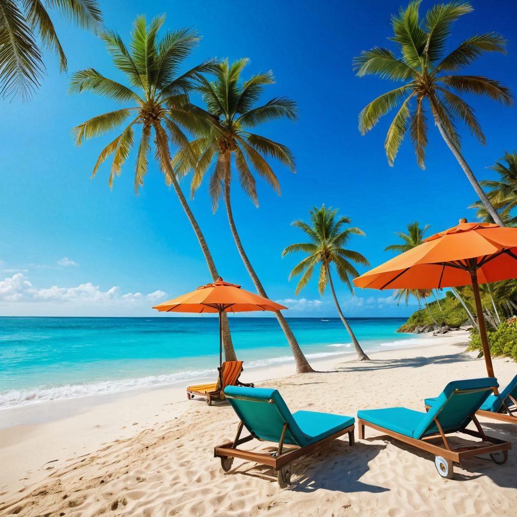 A stunning tropical beach scene featuring a sun-kissed shoreline with vibrant turquoise waters, adorned with models in exotic swimwear, some posing for cameras. In the background, stylized palm trees sway, while colorful beach umbrellas and lounge chairs create a relaxed atmosphere. The scene merges elements of glamour and leisure, capturing the essence of both fashion and entertainment. Bright and lively colors, cinematic lighting, and a soft focus effect add depth and allure. vivid colors. cinematic style. digital art.